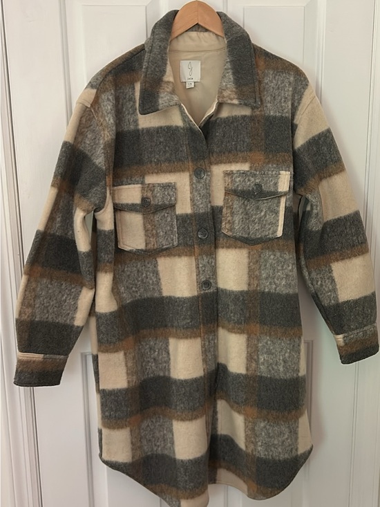 Joie Jackets & Blazers - Joie Cream, Gray & Brown Plaid Wool-Blend shacket